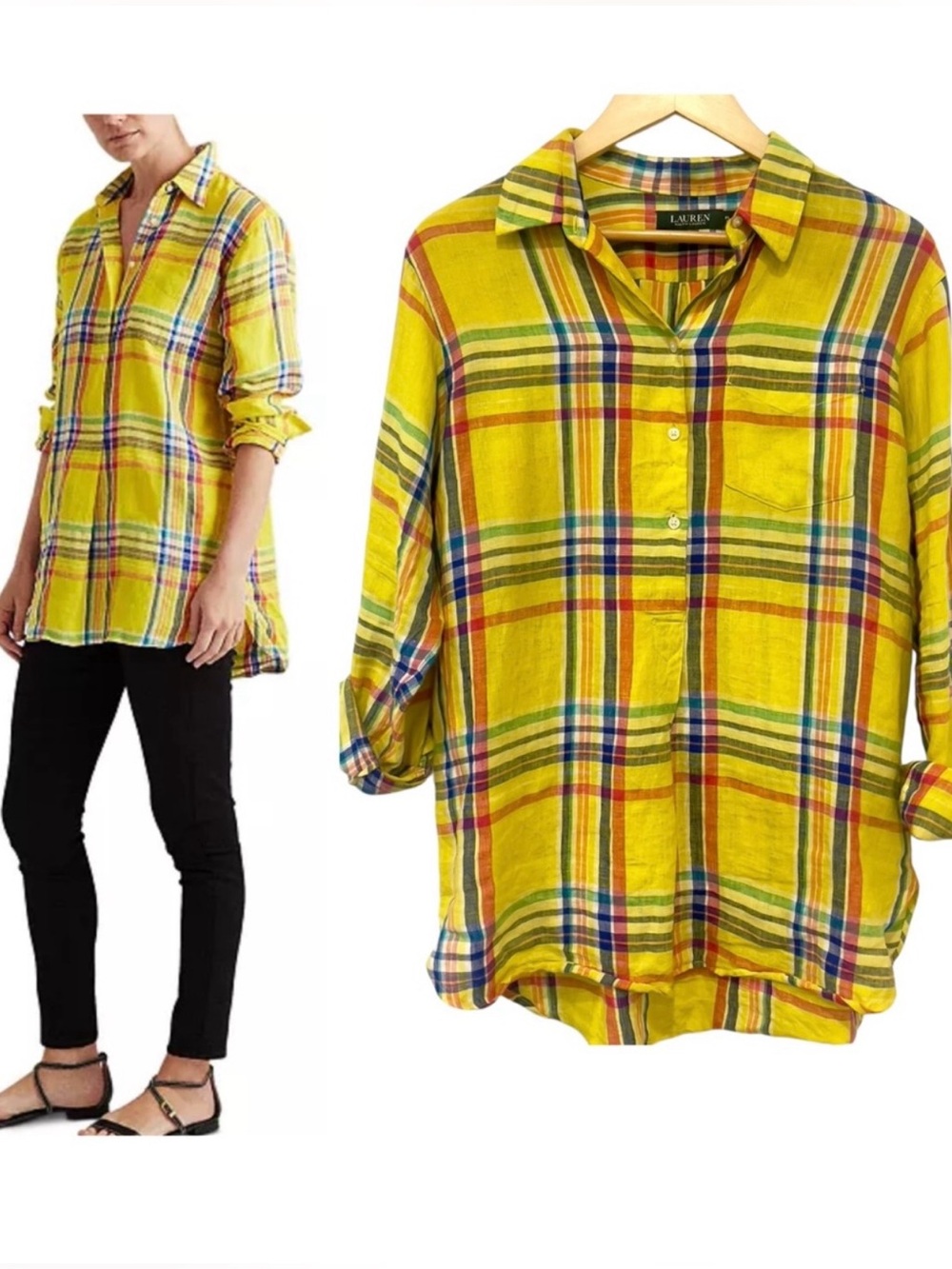 Lauren Ralph Lauren Linen Plaid Tunic Shirt Yellow Petite Large LP